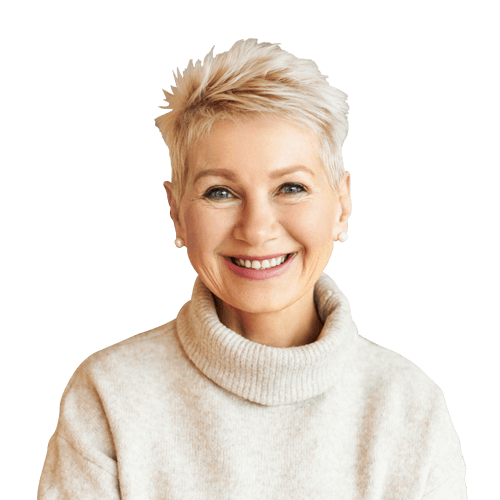 attractive Caucasian female wearing cashmere turtle neck sweater looking at camera with joyful broad smile